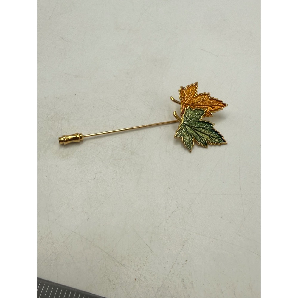Vintage Gold Tone Enamel Double Maple Leaf Stick Pin Green Orange Autumn Fall
